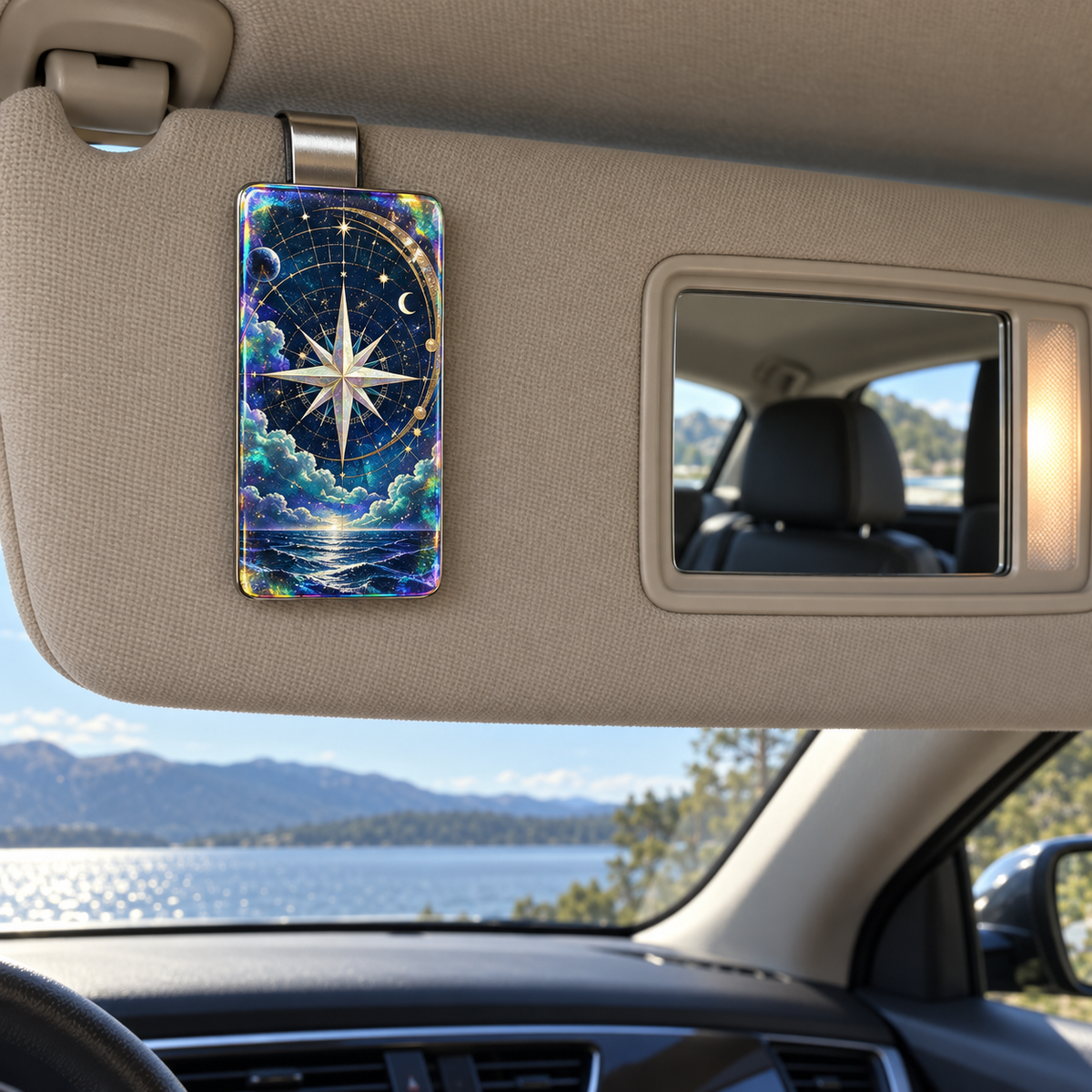 Celestial Meridian Salon Holographic Car Visor Clip with printed optical 3D artwork in its use setting