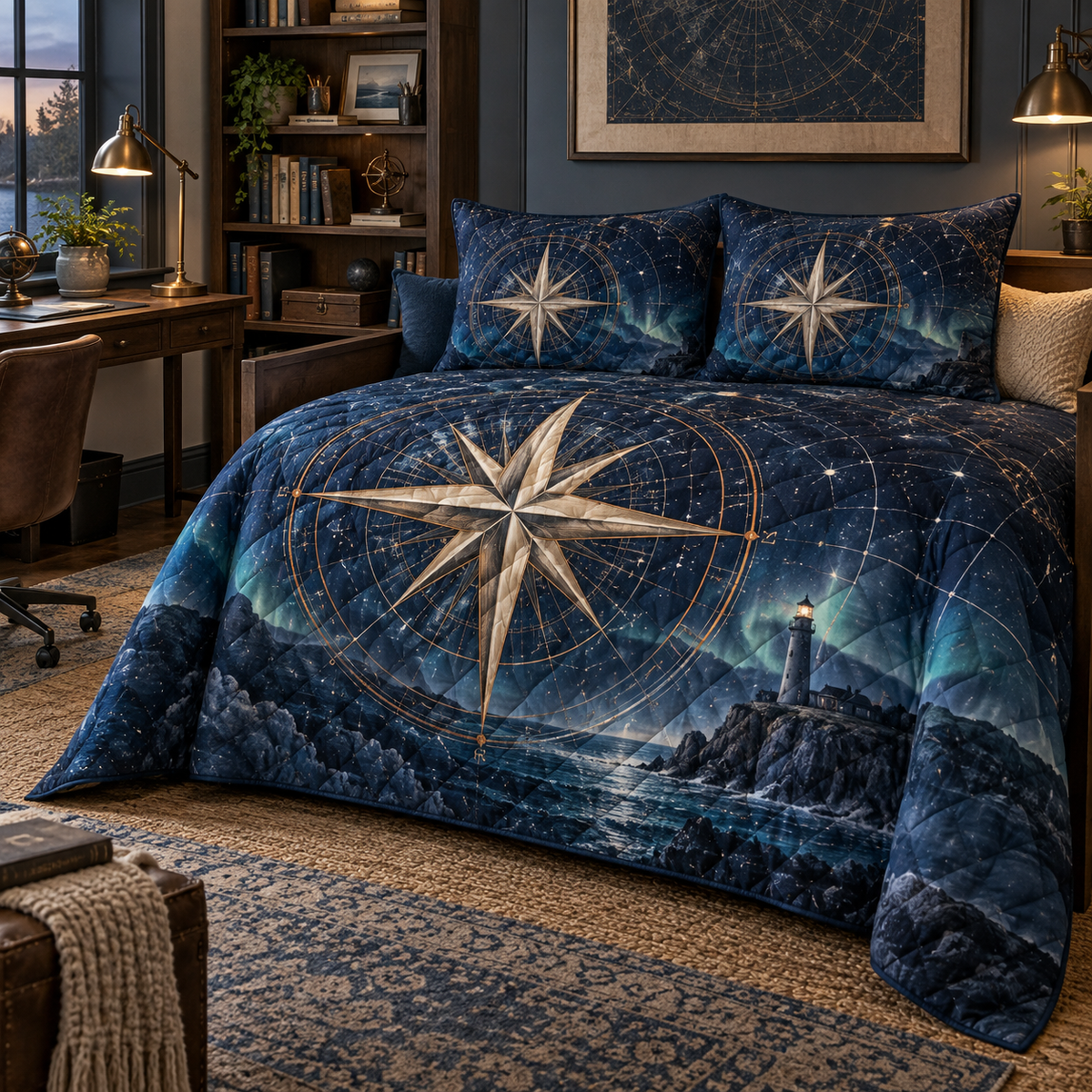 Navigator Nocturne Study Quilted Bedding Set with printed optical 3D artwork in its use setting