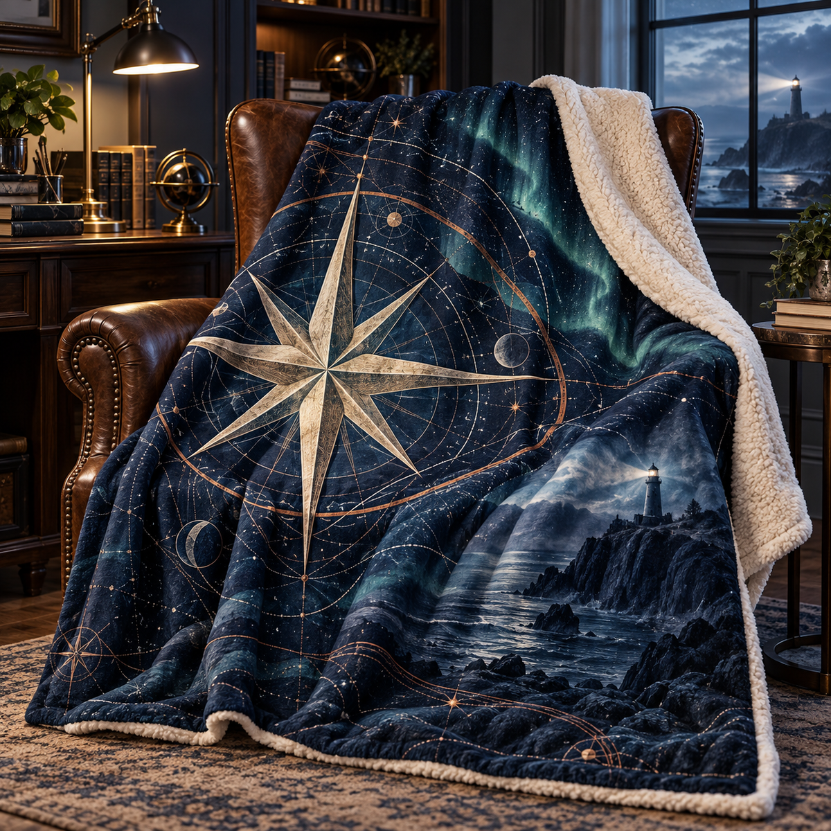 Navigator Nocturne Study Sherpa & Fleece Blanket with printed optical 3D artwork in its use setting