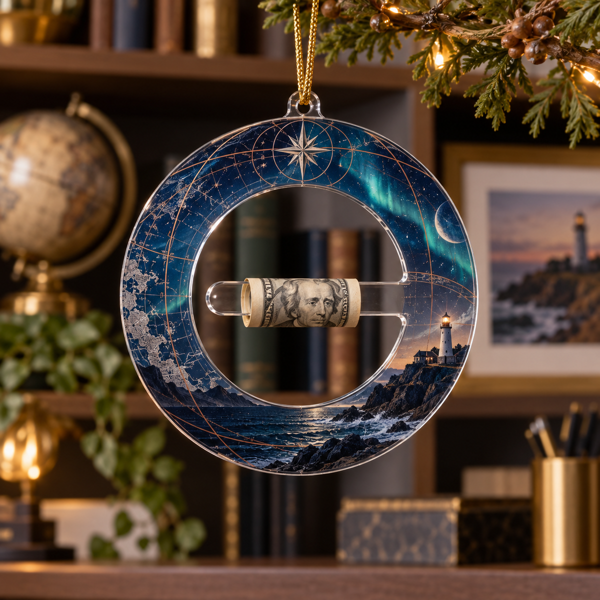 Navigator Nocturne Study Acrylic Cash Holder Ornament with printed optical 3D artwork in its use setting