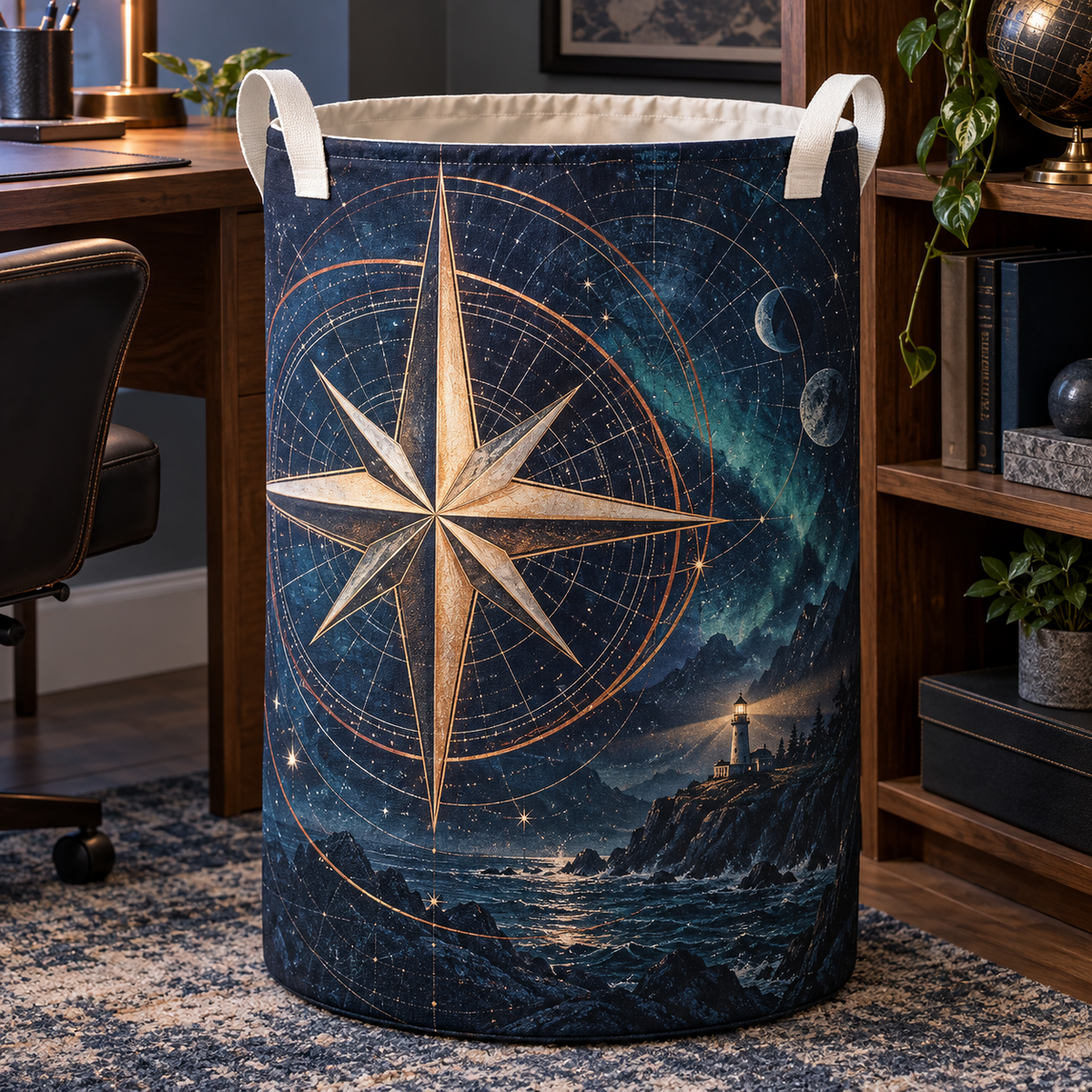 Navigator Nocturne Study Laundry Hamper with printed optical 3D artwork in its use setting