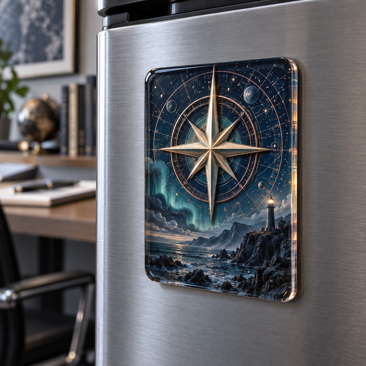 Navigator Nocturne Study Acrylic Refrigerator Magnet with printed optical 3D artwork in its use setting