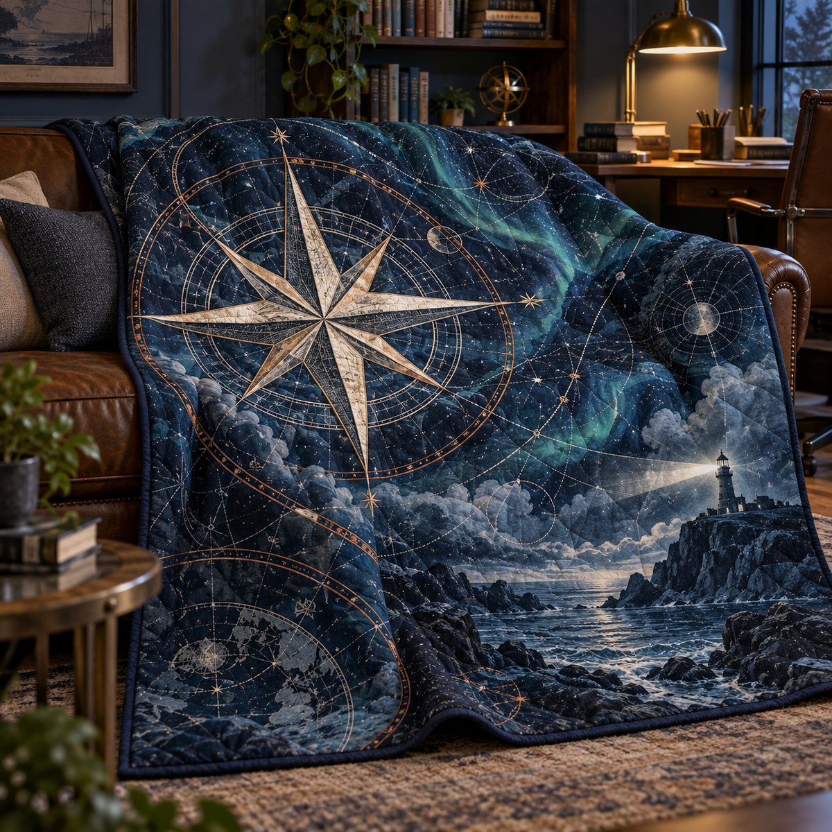 Navigator Nocturne Study Quilt Blanket with printed optical 3D artwork in its use setting
