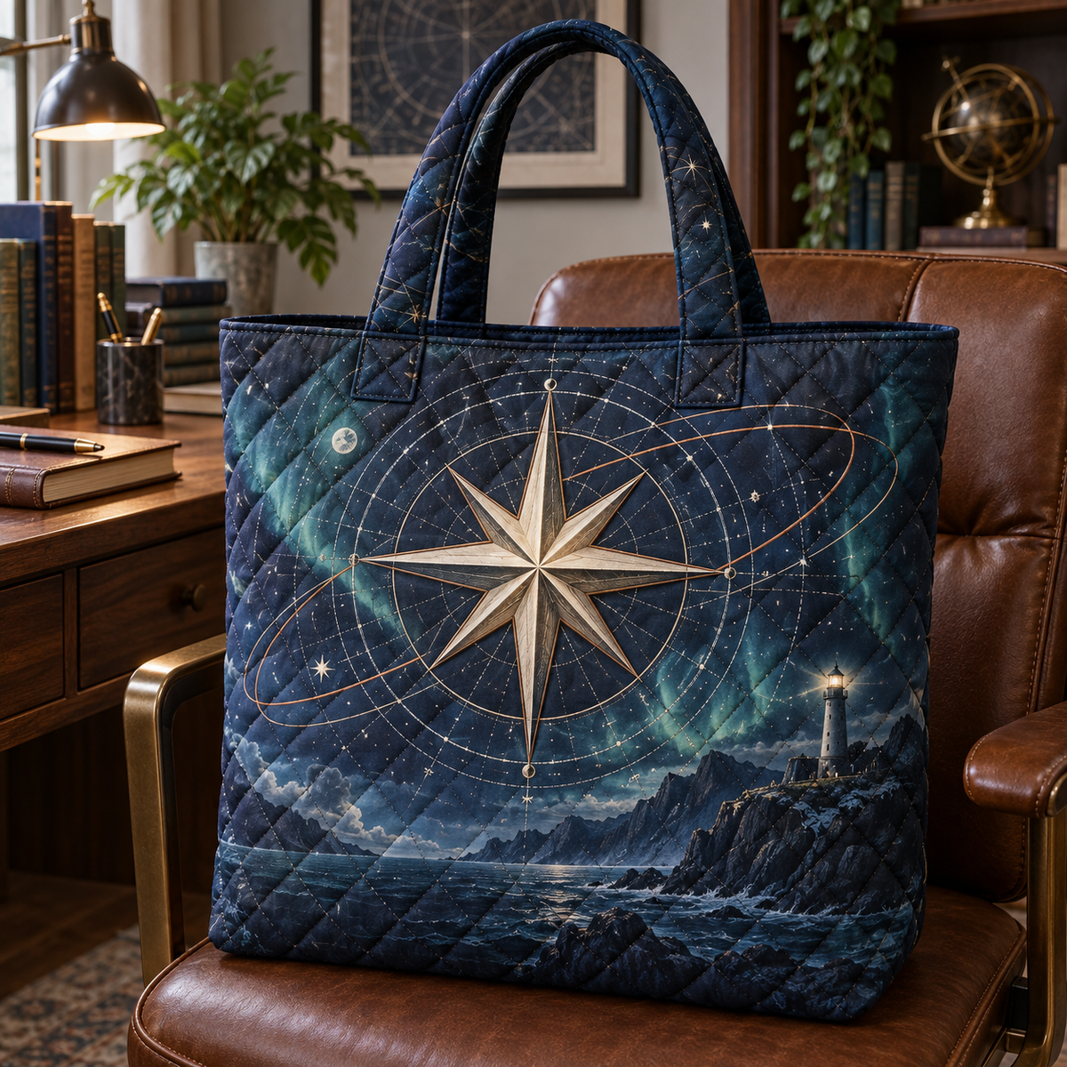 Navigator Nocturne Study Quilted Tote Bag with printed optical 3D artwork in its use setting