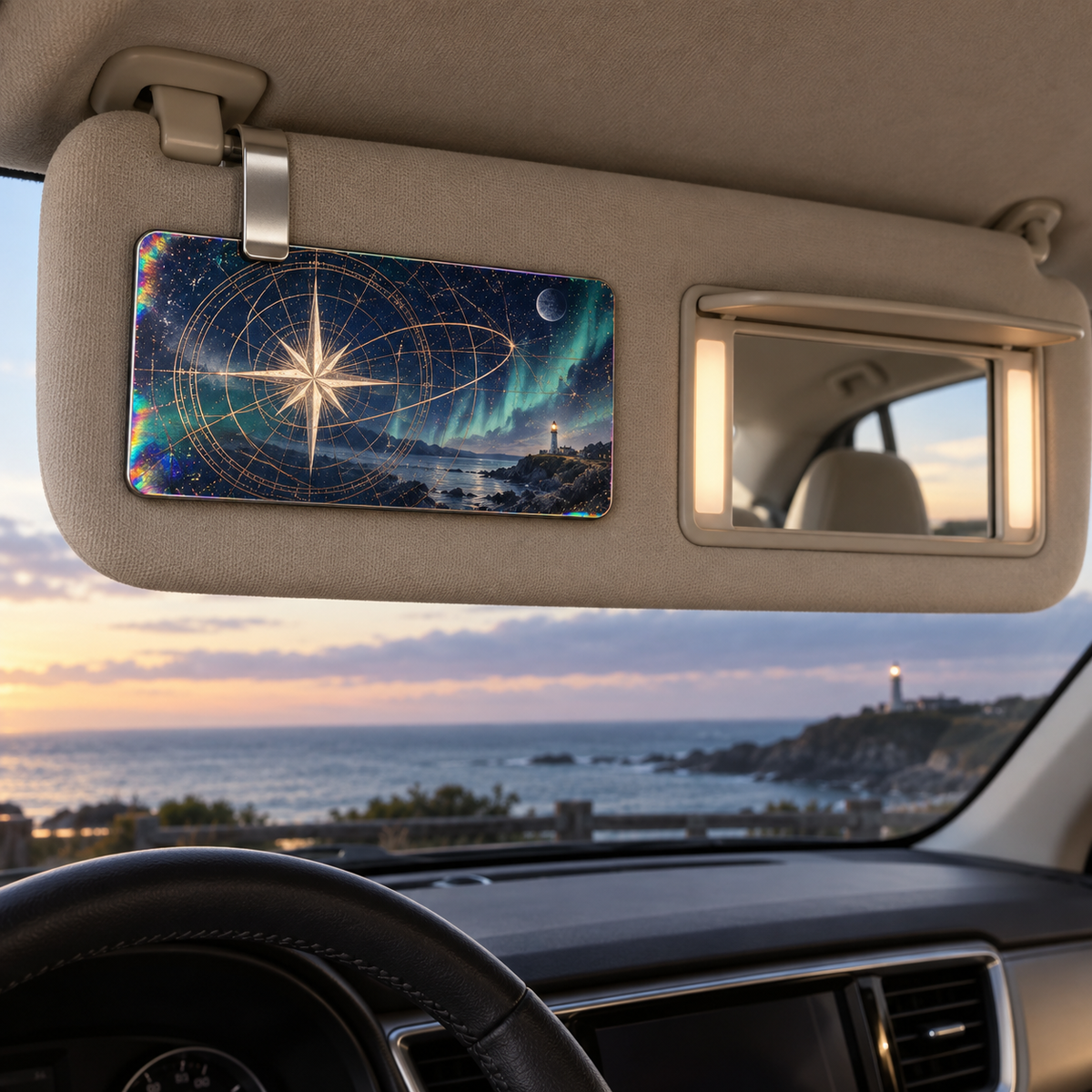 Navigator Nocturne Study Holographic Car Visor Clip with printed optical 3D artwork in its use setting