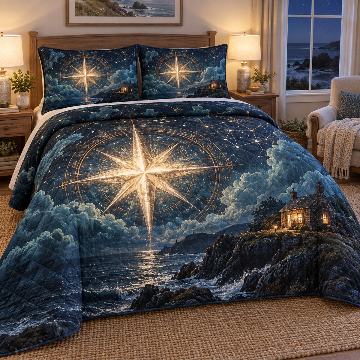 Hearthward Star Welcome Quilted Bedding Set with printed optical 3D artwork in its use setting