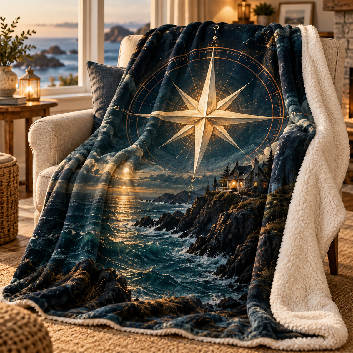 Hearthward Star Welcome Sherpa & Fleece Blanket with printed optical 3D artwork in its use setting