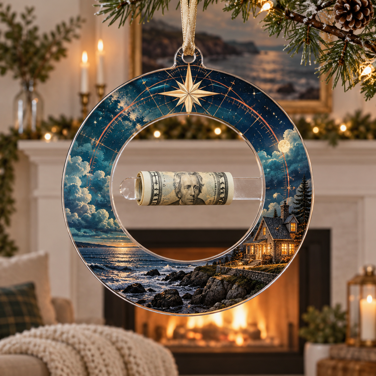Hearthward Star Welcome Acrylic Cash Holder Ornament with printed optical 3D artwork in its use setting