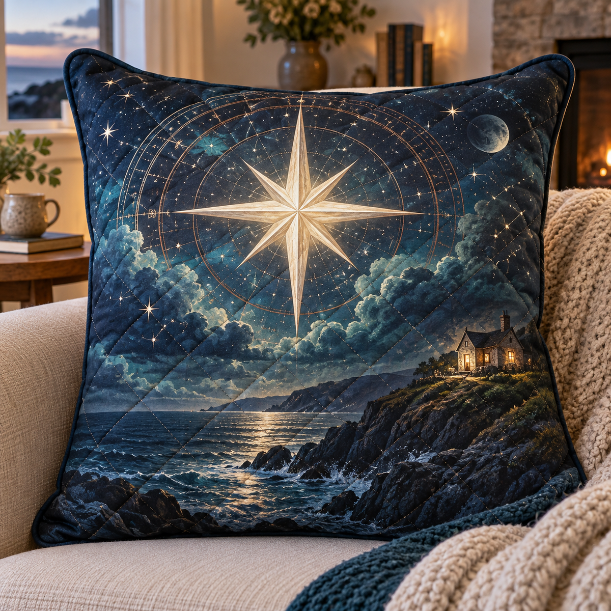 Hearthward Star Welcome Quilted Cushion Cover with printed optical 3D artwork in its use setting