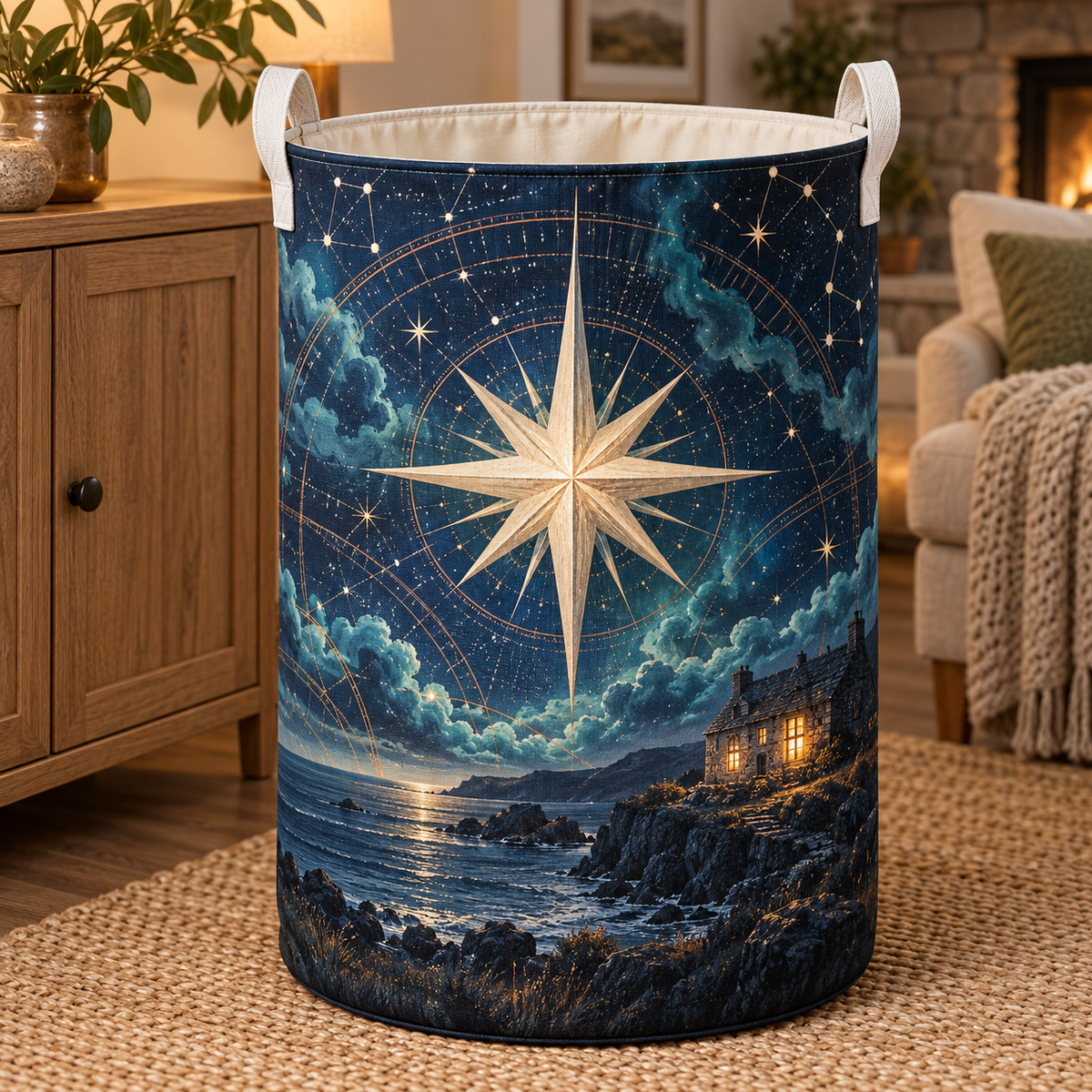 Hearthward Star Welcome Laundry Hamper with printed optical 3D artwork in its use setting