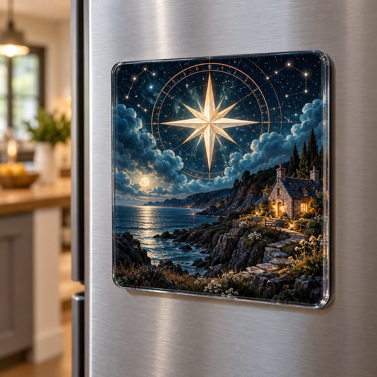 Hearthward Star Welcome Acrylic Refrigerator Magnet with printed optical 3D artwork in its use setting