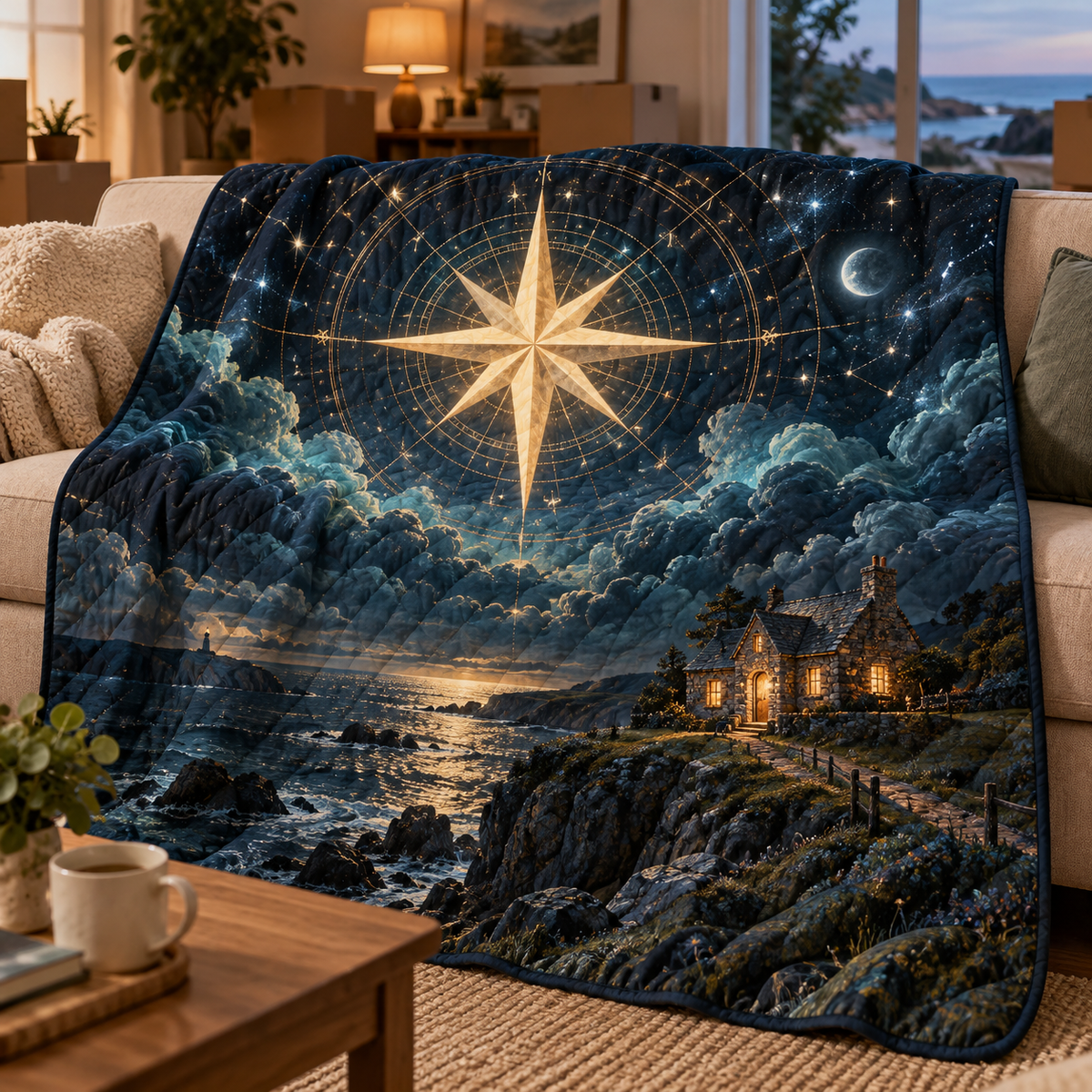 Hearthward Star Welcome Quilt Blanket with printed optical 3D artwork in its use setting