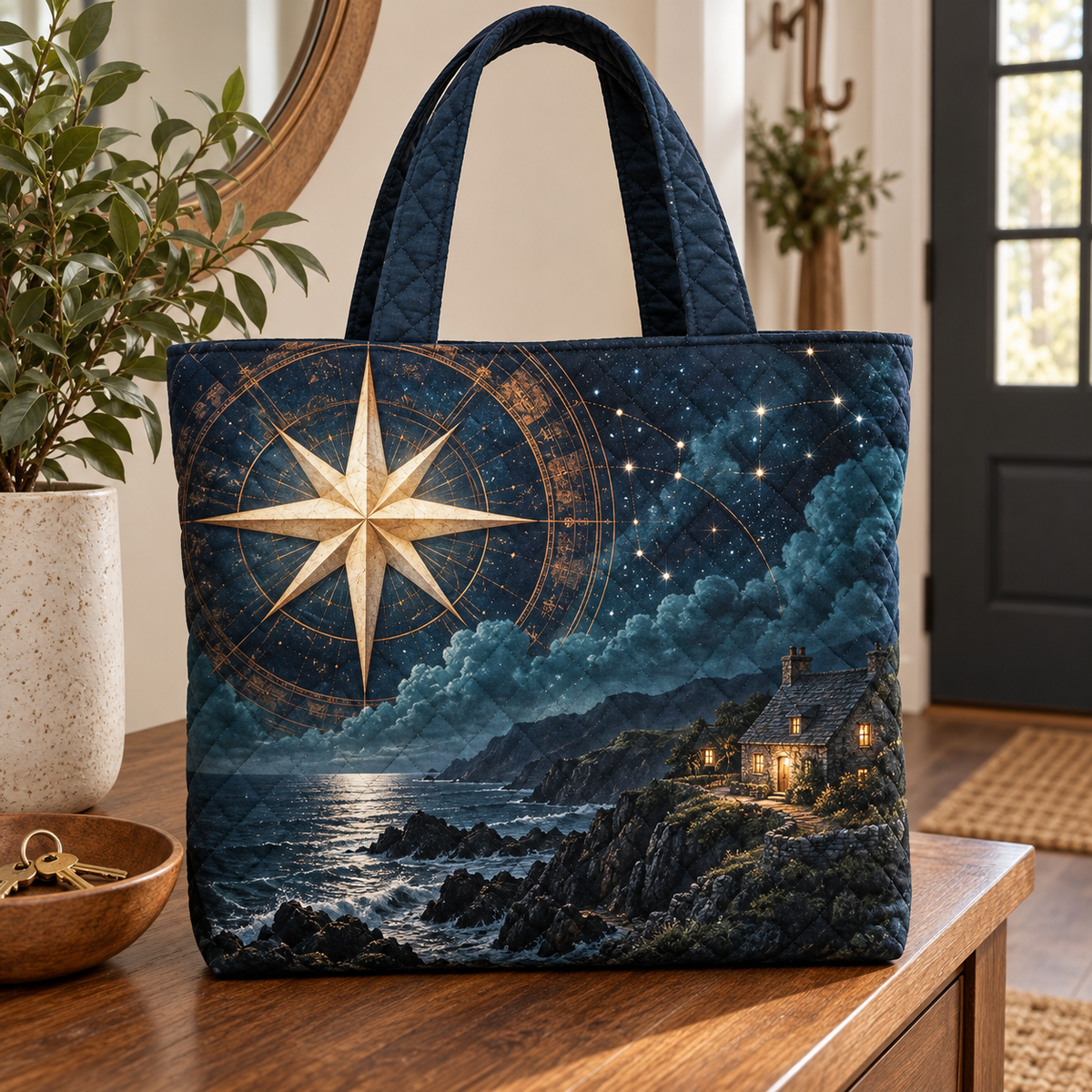 Hearthward Star Welcome Quilted Tote Bag with printed optical 3D artwork in its use setting