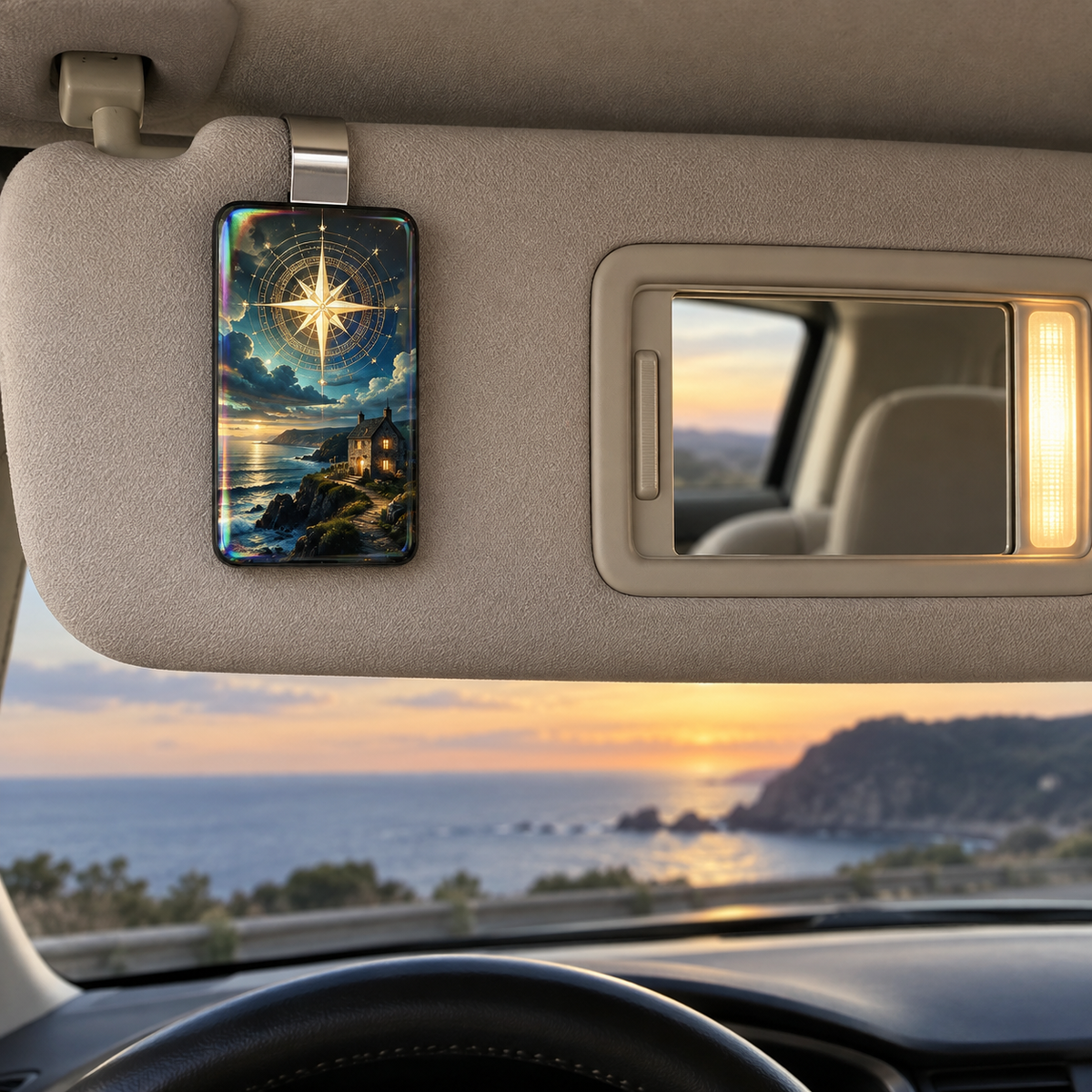 Hearthward Star Welcome Holographic Car Visor Clip with printed optical 3D artwork in its use setting