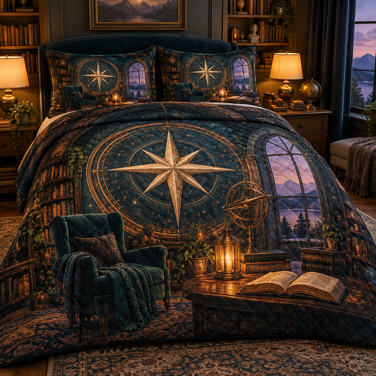 Starlit Nook Compass Quilted Bedding Set with printed optical 3D artwork in its use setting