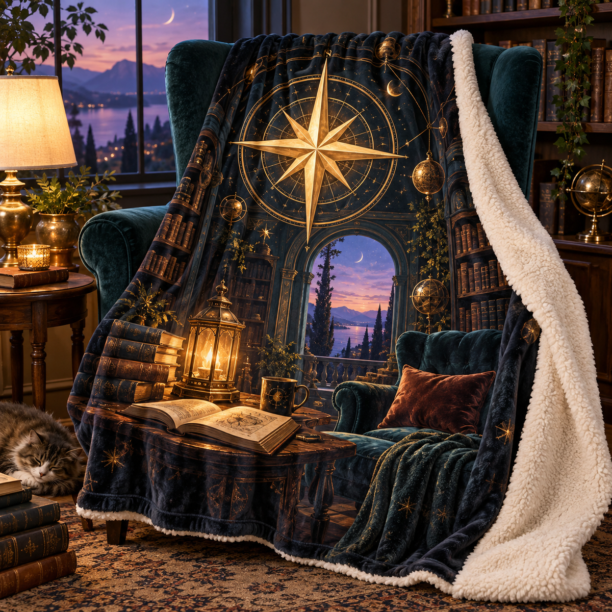 Starlit Nook Compass Sherpa & Fleece Blanket with printed optical 3D artwork in its use setting