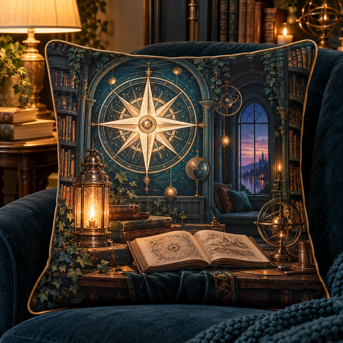Starlit Nook Compass Quilted Cushion Cover with printed optical 3D artwork in its use setting