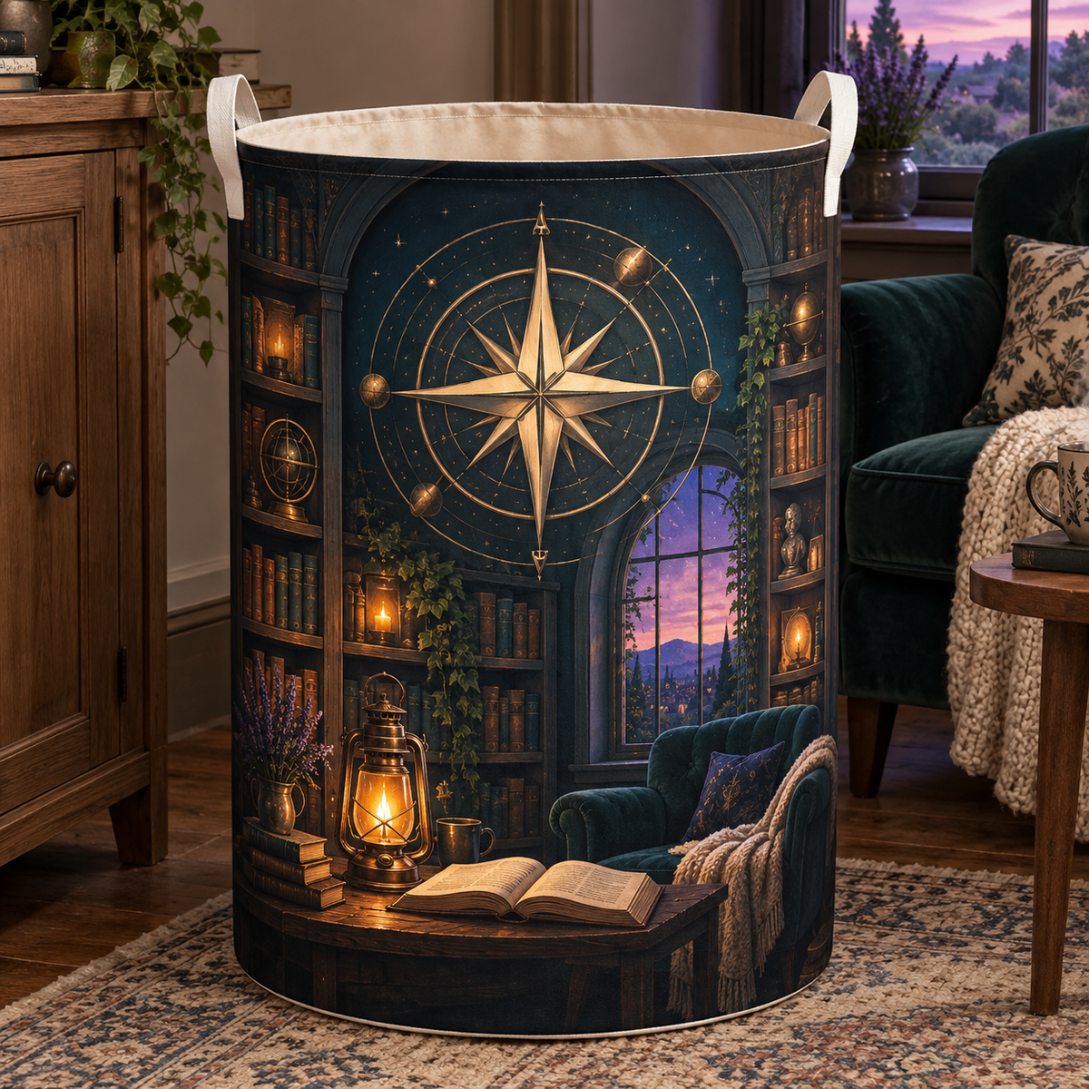 Starlit Nook Compass Laundry Hamper with printed optical 3D artwork in its use setting