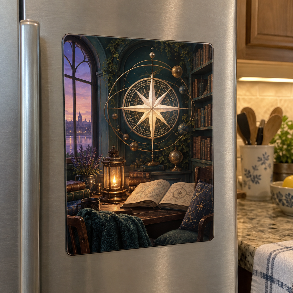 Starlit Nook Compass Acrylic Refrigerator Magnet with printed optical 3D artwork in its use setting