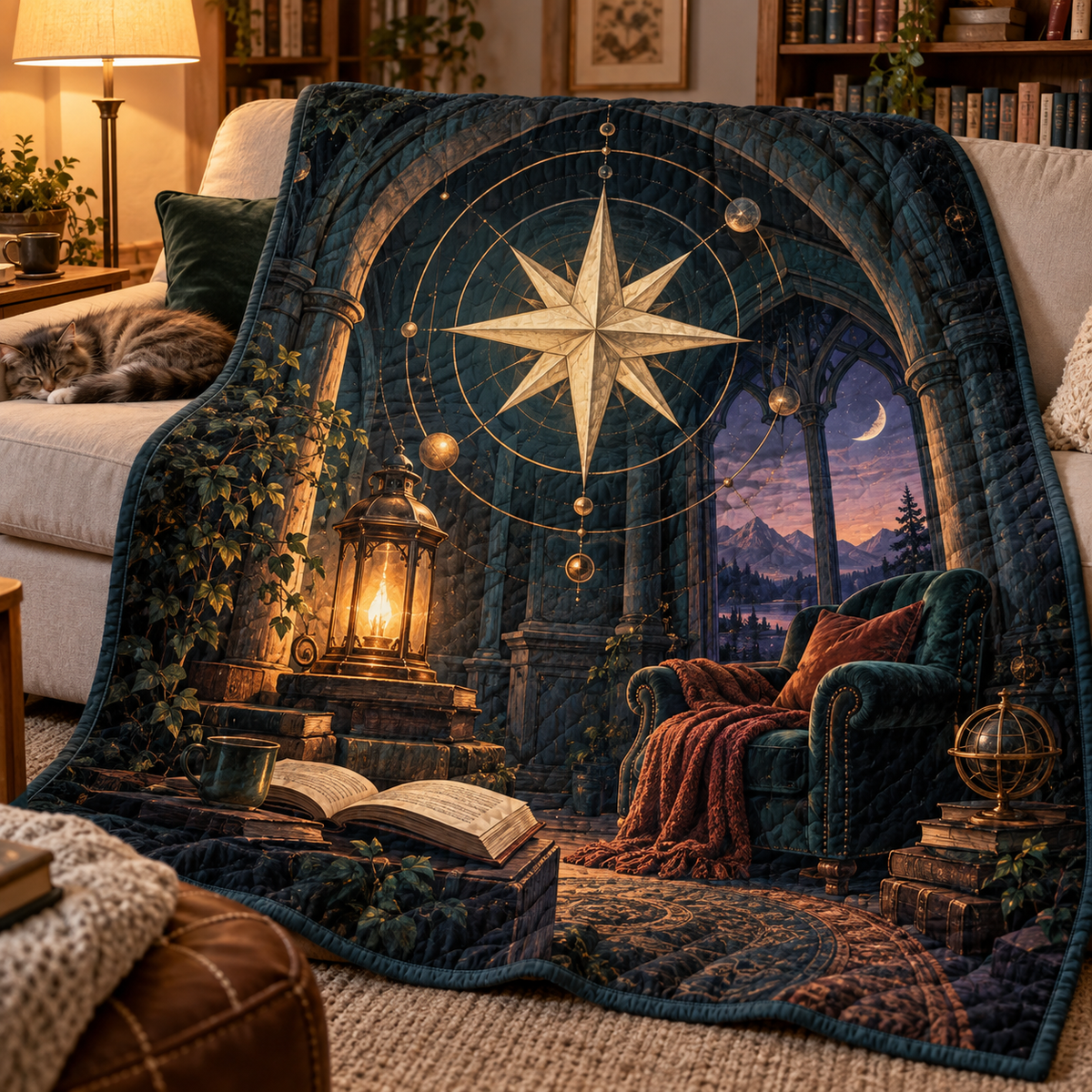 Starlit Nook Compass Quilt Blanket with printed optical 3D artwork in its use setting
