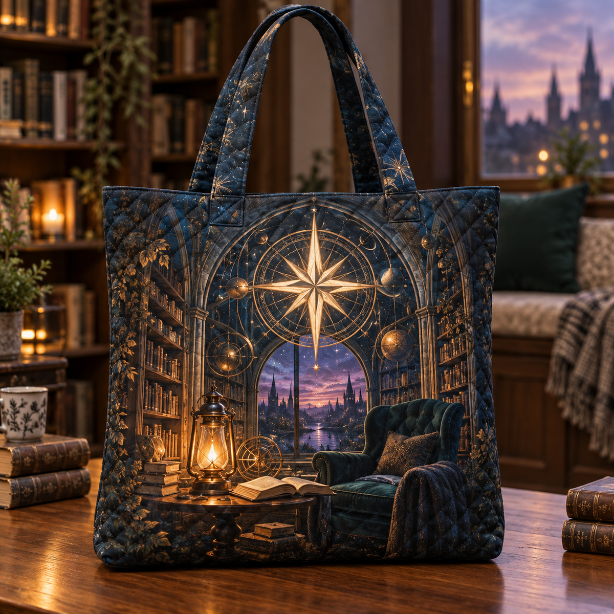 Starlit Nook Compass Quilted Tote Bag with printed optical 3D artwork in its use setting
