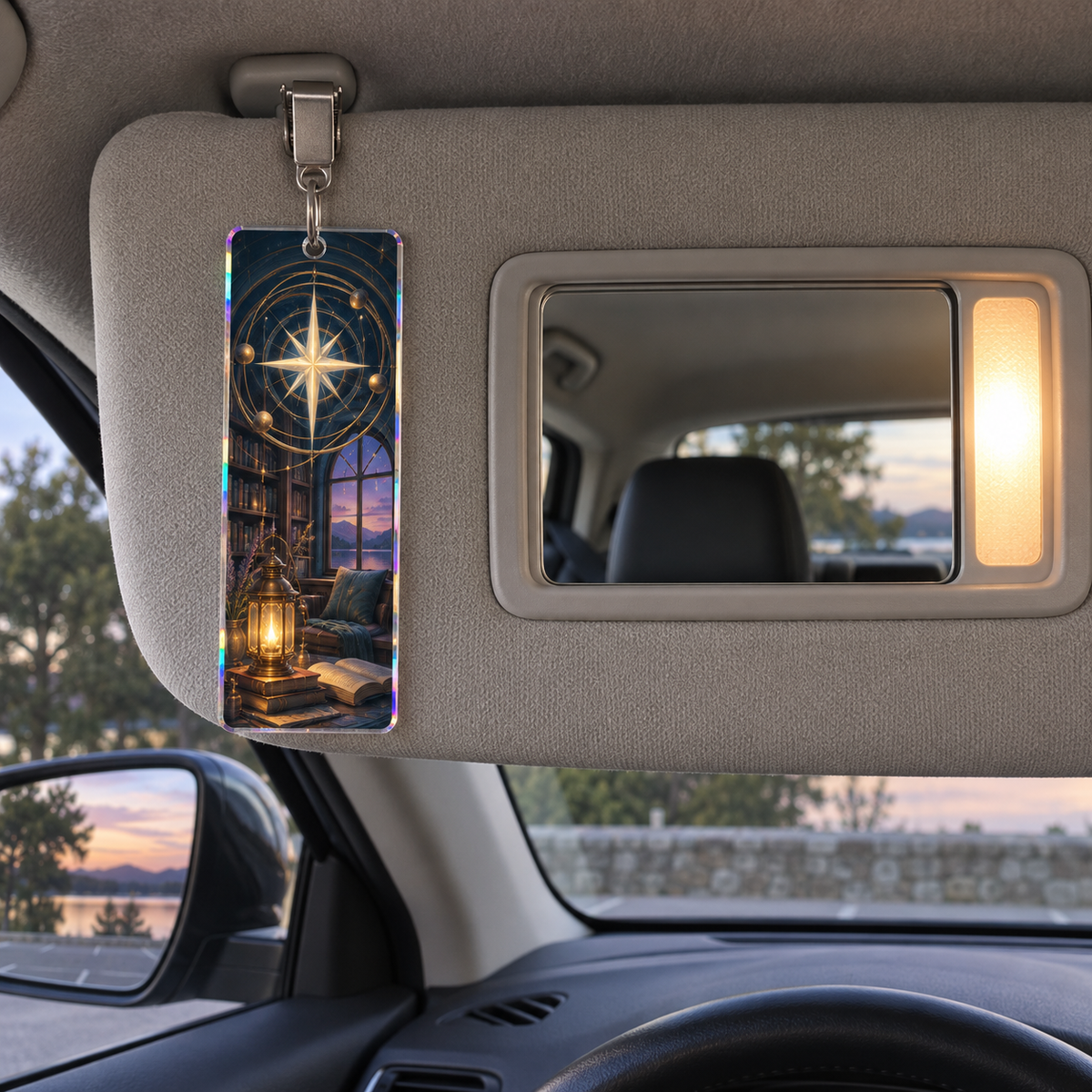 Starlit Nook Compass Holographic Car Visor Clip with printed optical 3D artwork in its use setting