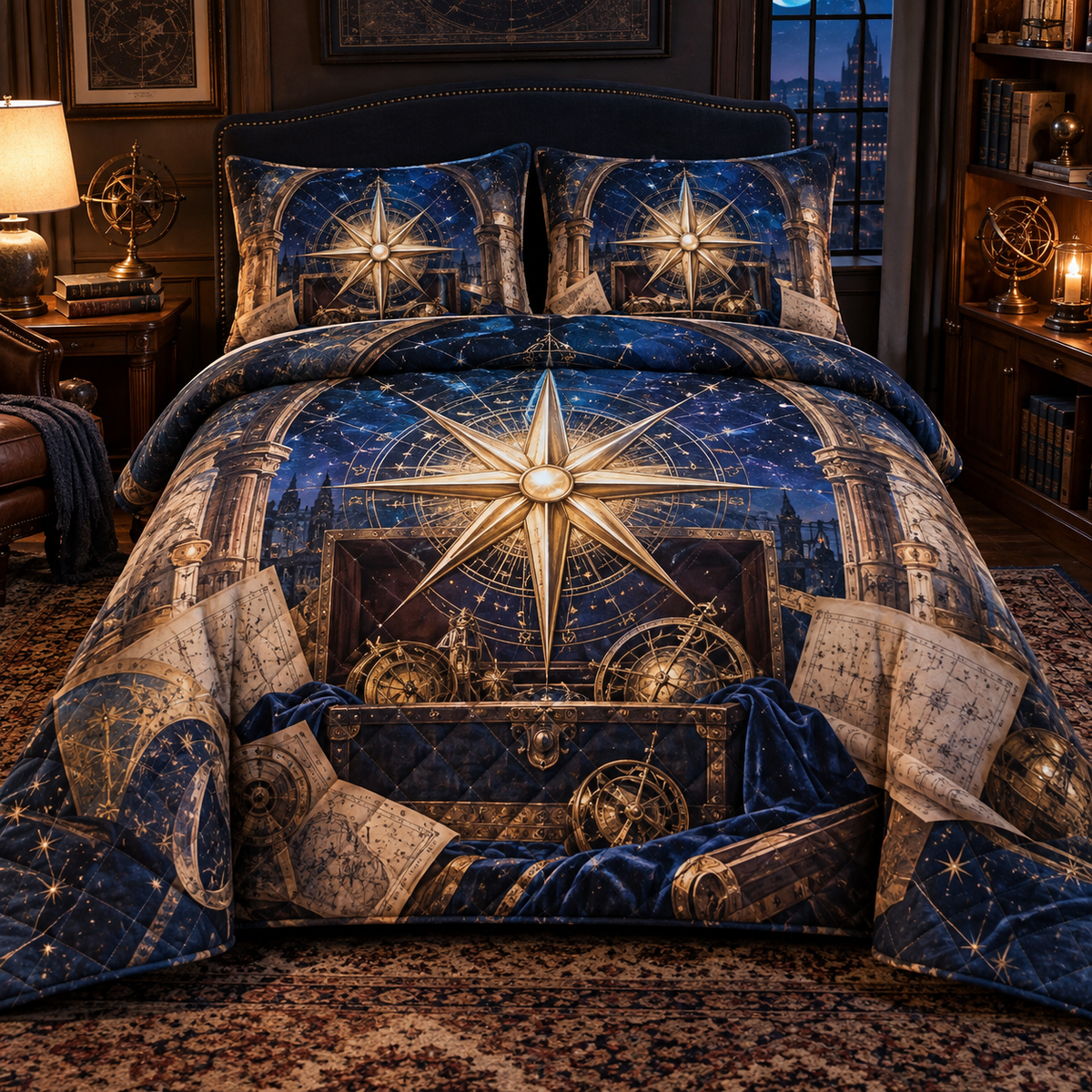 Celestial Archive Compass Quilted Bedding Set with printed optical 3D artwork in its use setting