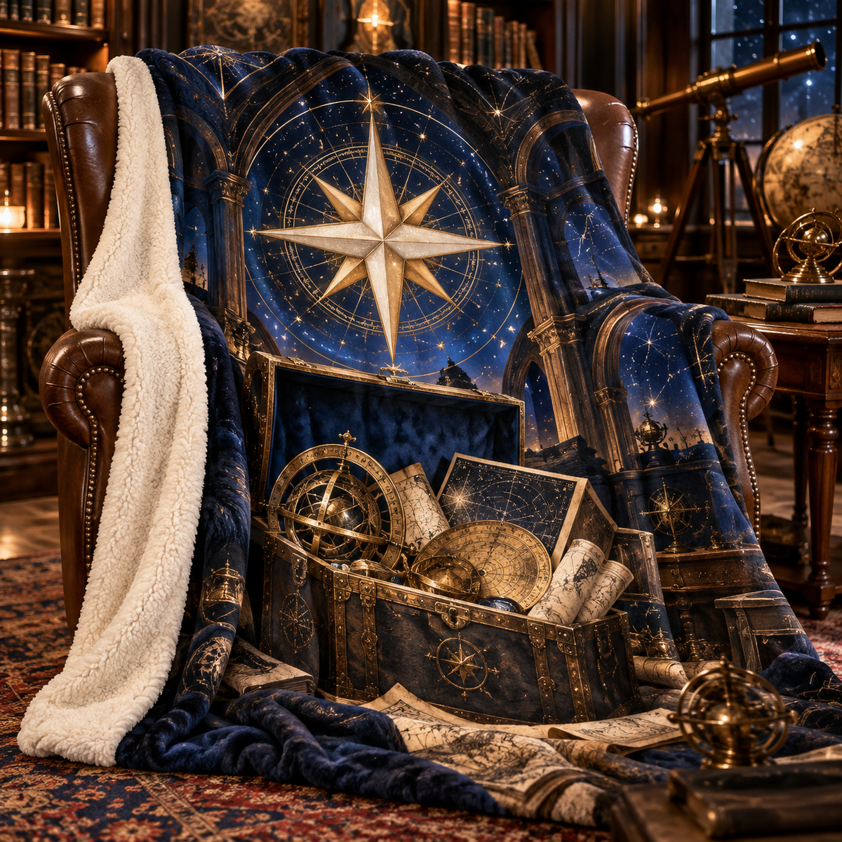 Celestial Archive Compass Sherpa & Fleece Blanket with printed optical 3D artwork in its use setting