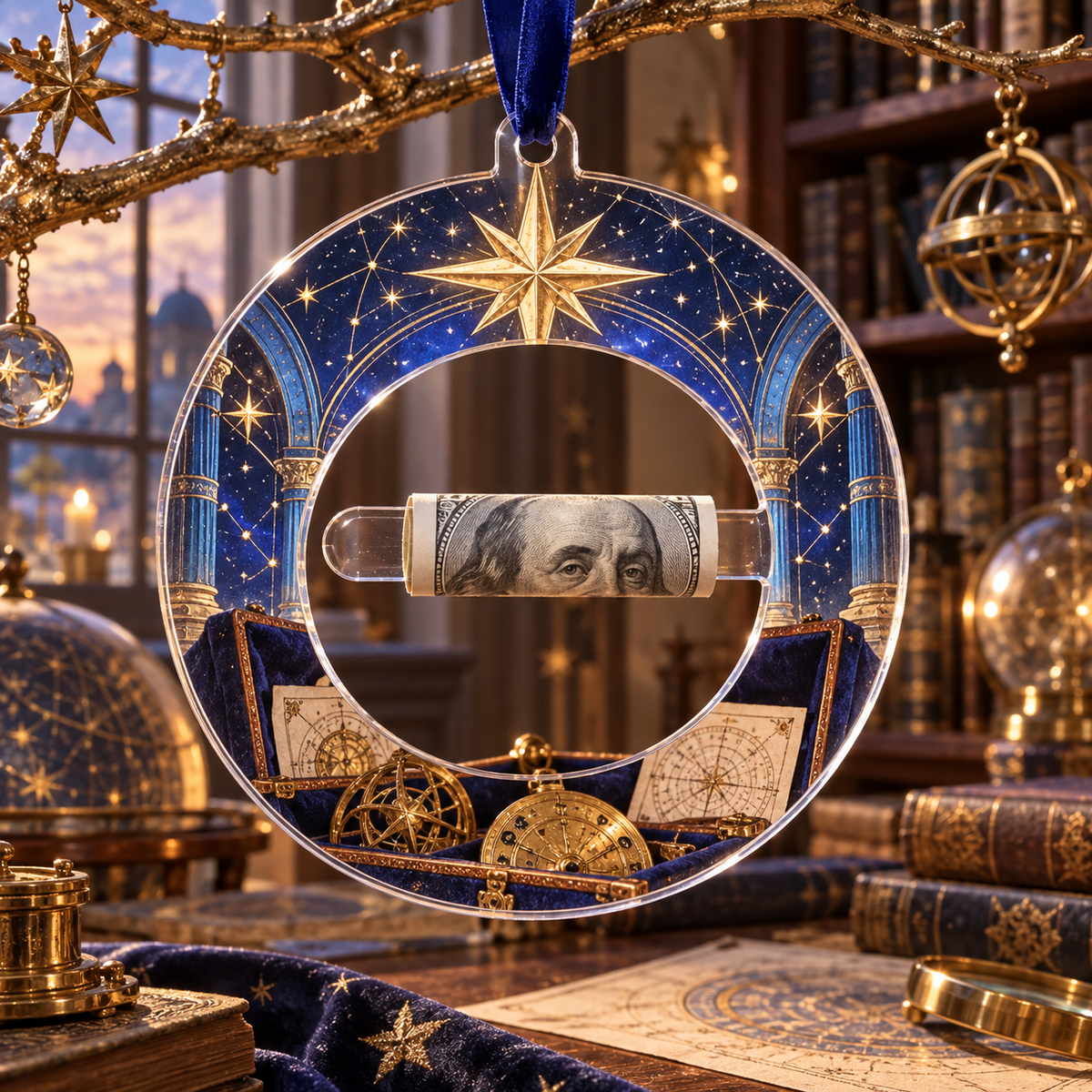 Celestial Archive Compass Acrylic Cash Holder Ornament with printed optical 3D artwork in its use setting