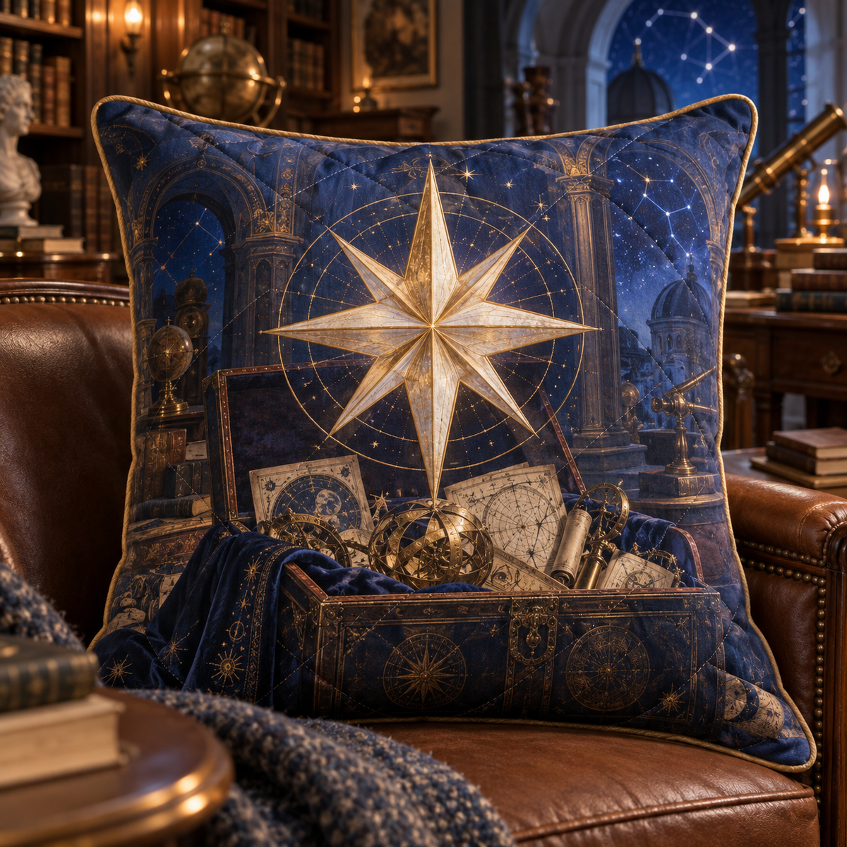 Celestial Archive Compass Quilted Cushion Cover with printed optical 3D artwork in its use setting