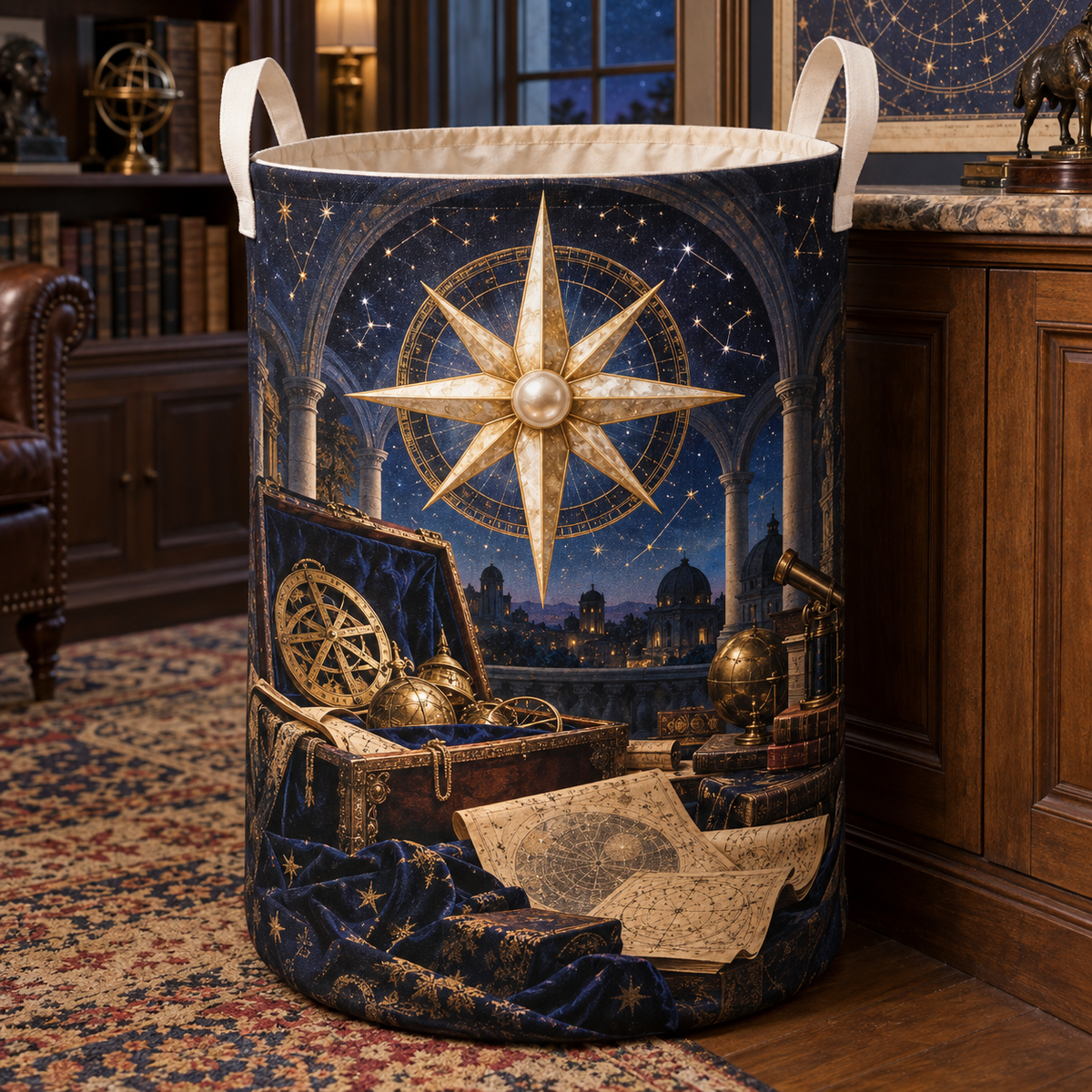 Celestial Archive Compass Laundry Hamper with printed optical 3D artwork in its use setting