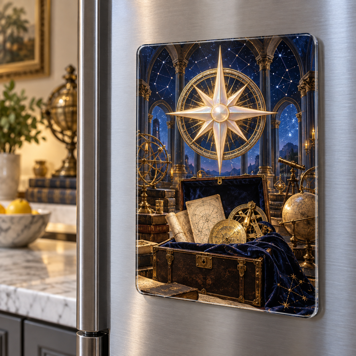 Celestial Archive Compass Acrylic Refrigerator Magnet with printed optical 3D artwork in its use setting