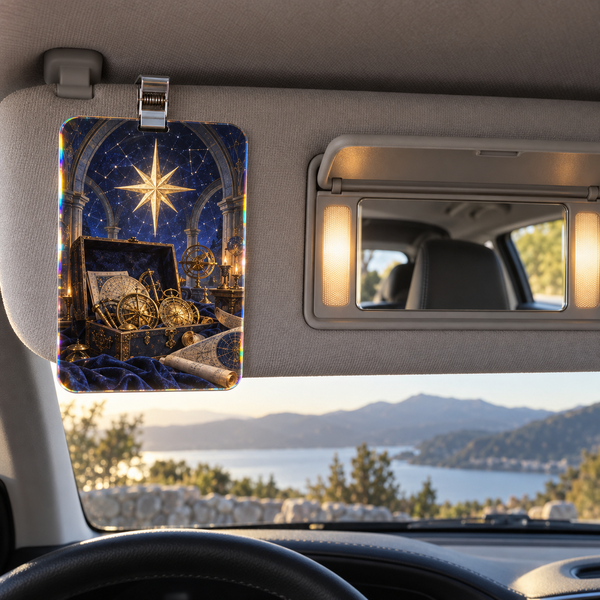 Celestial Archive Compass Holographic Car Visor Clip with printed optical 3D artwork in its use setting