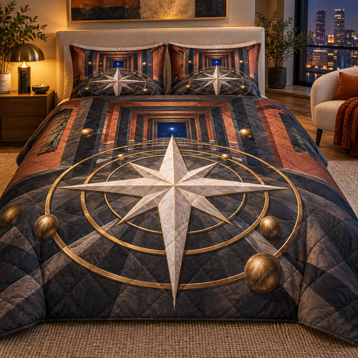 Gallery Orbit Compass Quilted Bedding Set with printed optical 3D artwork in its use setting