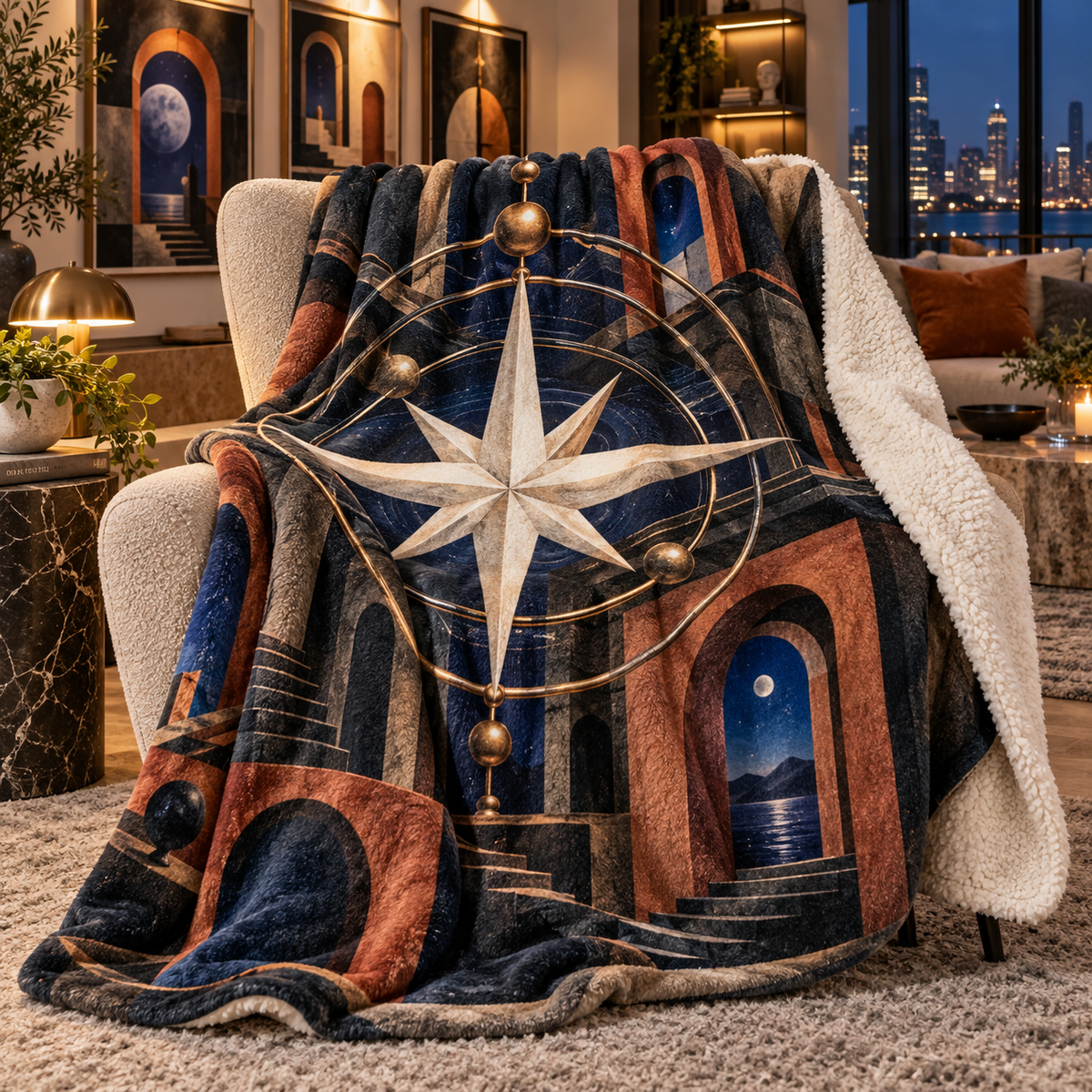 Gallery Orbit Compass Sherpa & Fleece Blanket with printed optical 3D artwork in its use setting