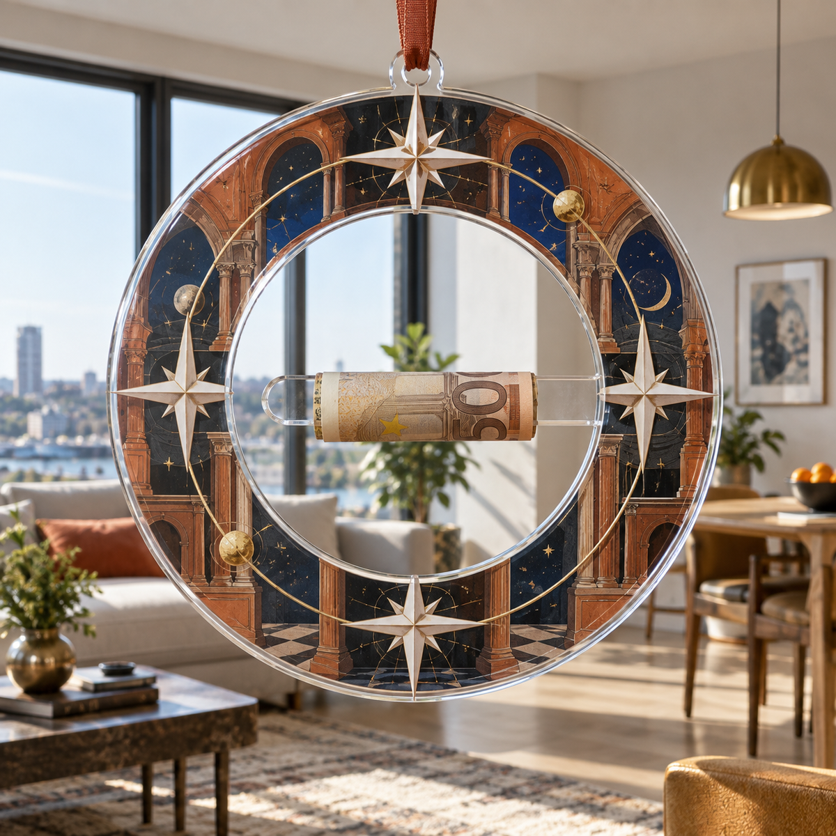 Gallery Orbit Compass Acrylic Cash Holder Ornament with printed optical 3D artwork in its use setting