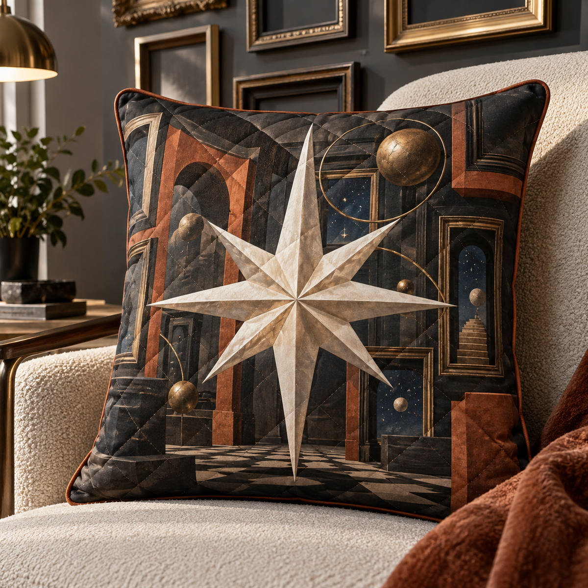 Gallery Orbit Compass Quilted Cushion Cover with printed optical 3D artwork in its use setting