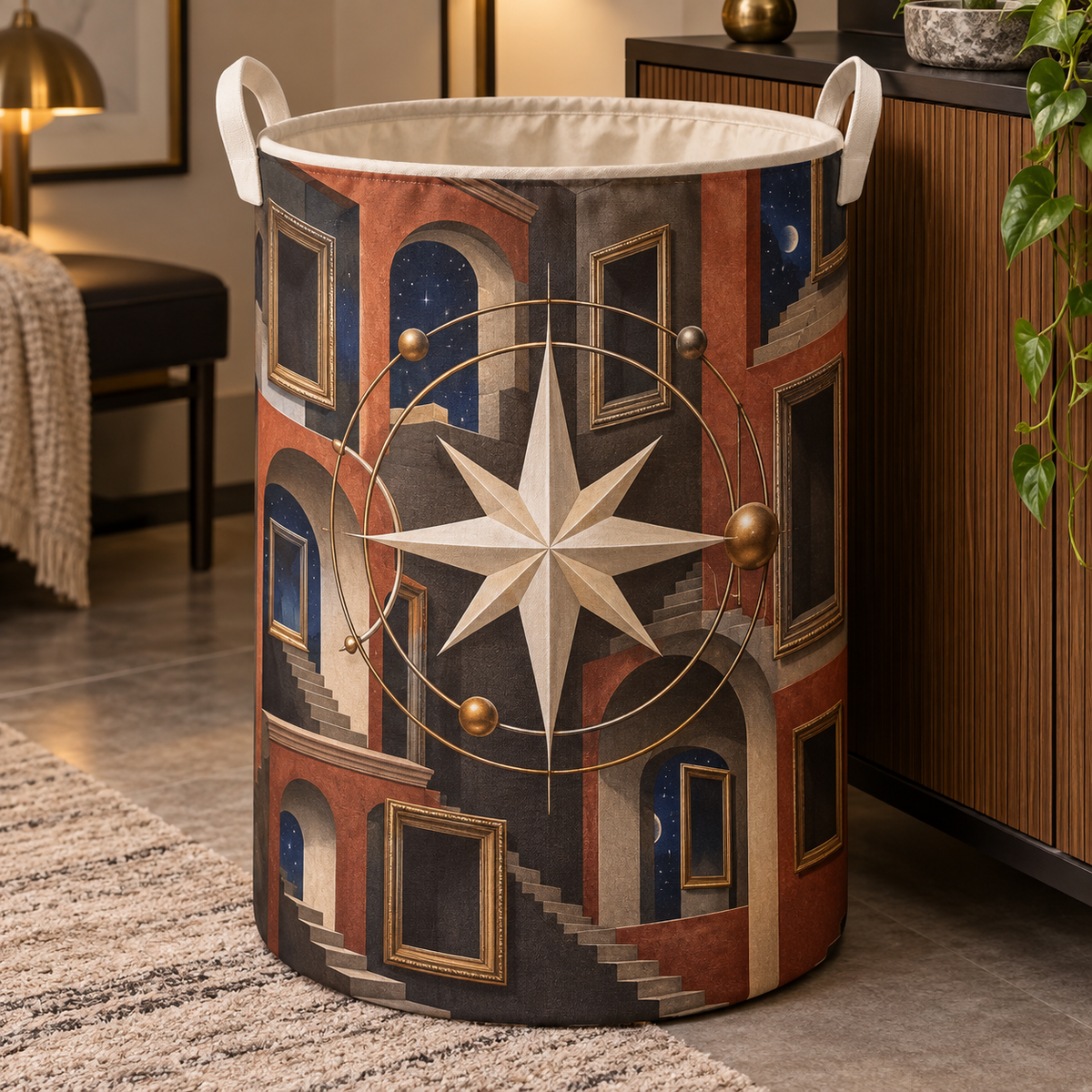 Gallery Orbit Compass Laundry Hamper with printed optical 3D artwork in its use setting
