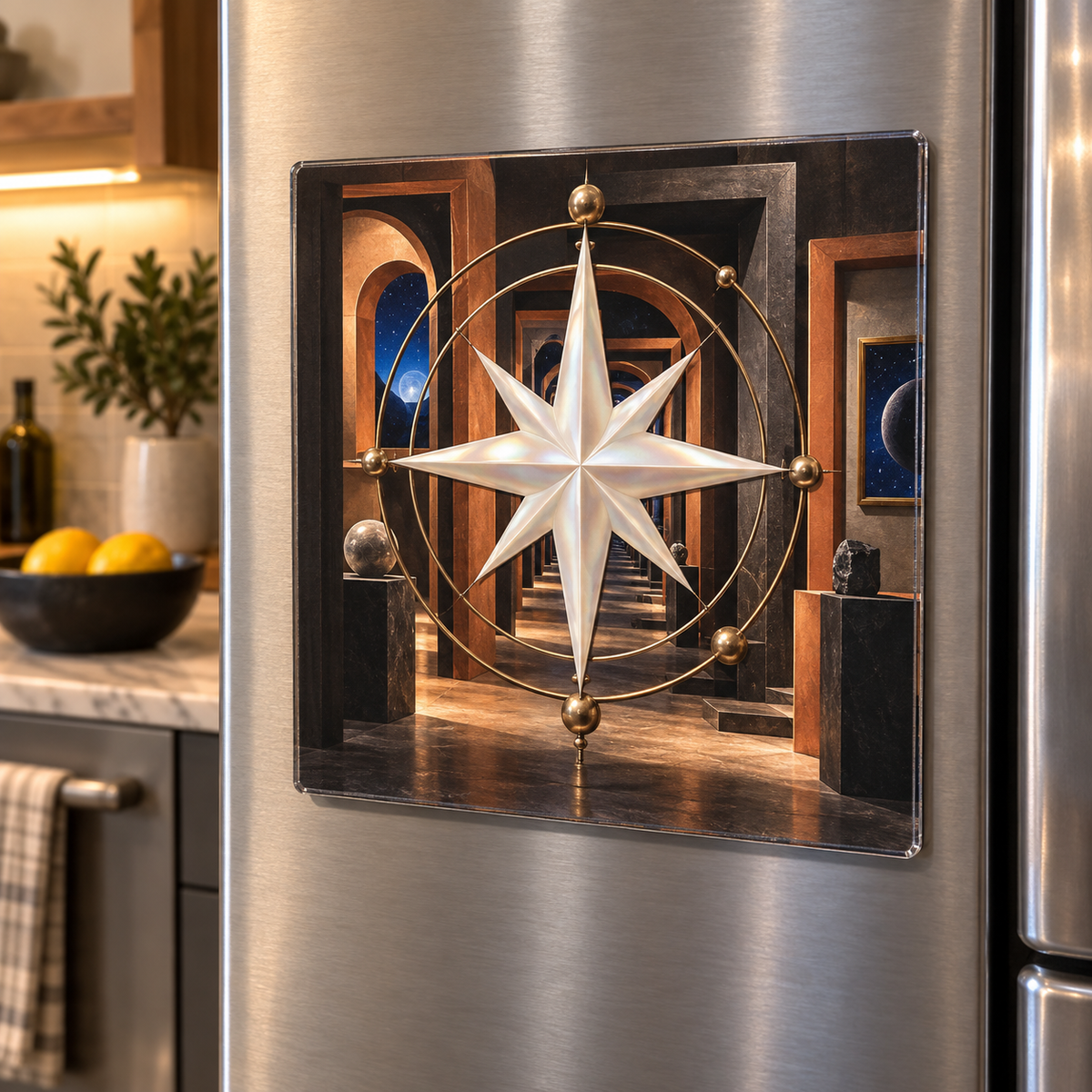 Gallery Orbit Compass Acrylic Refrigerator Magnet with printed optical 3D artwork in its use setting