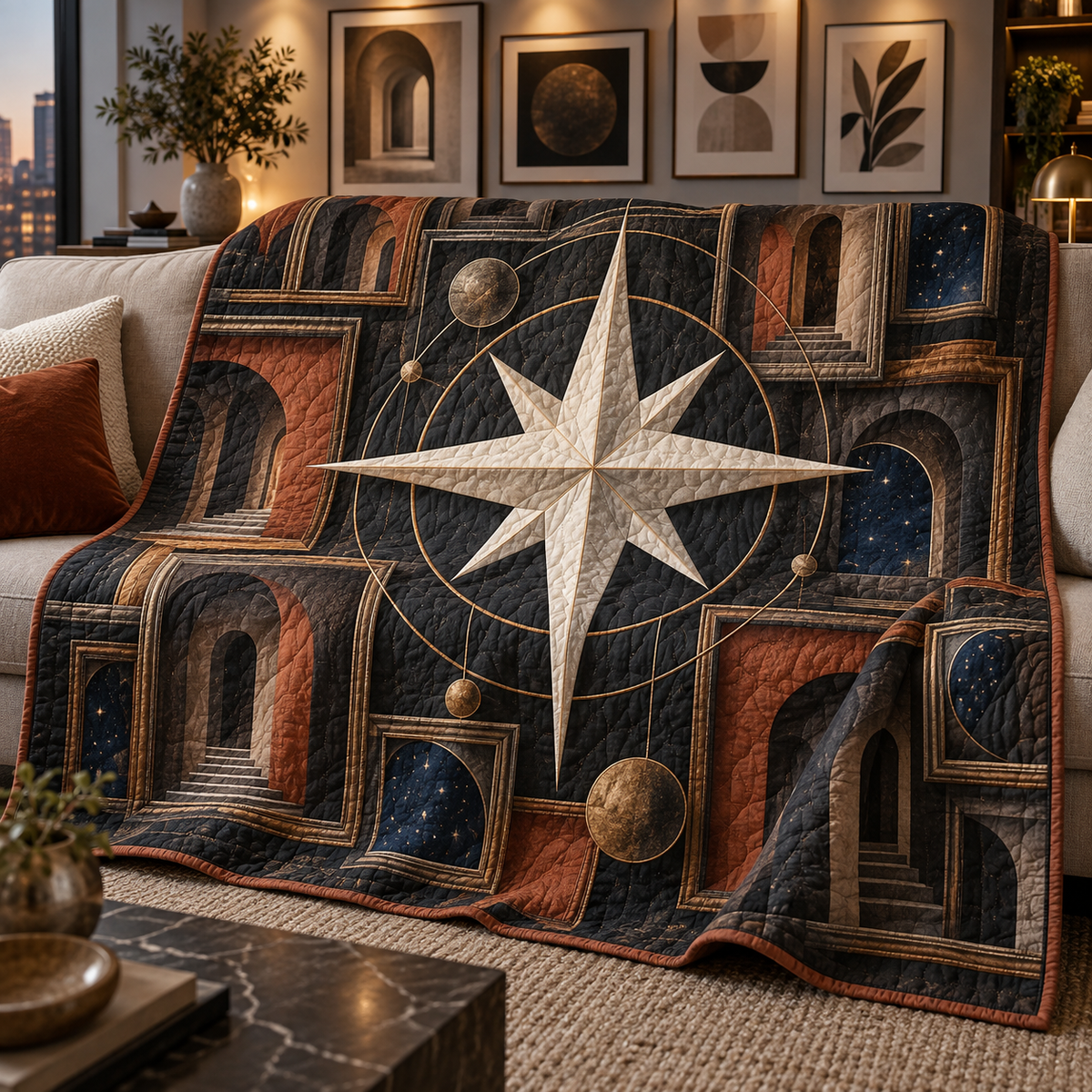 Gallery Orbit Compass Quilt Blanket with printed optical 3D artwork in its use setting