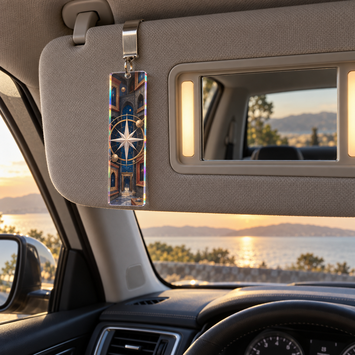 Gallery Orbit Compass Holographic Car Visor Clip with printed optical 3D artwork in its use setting