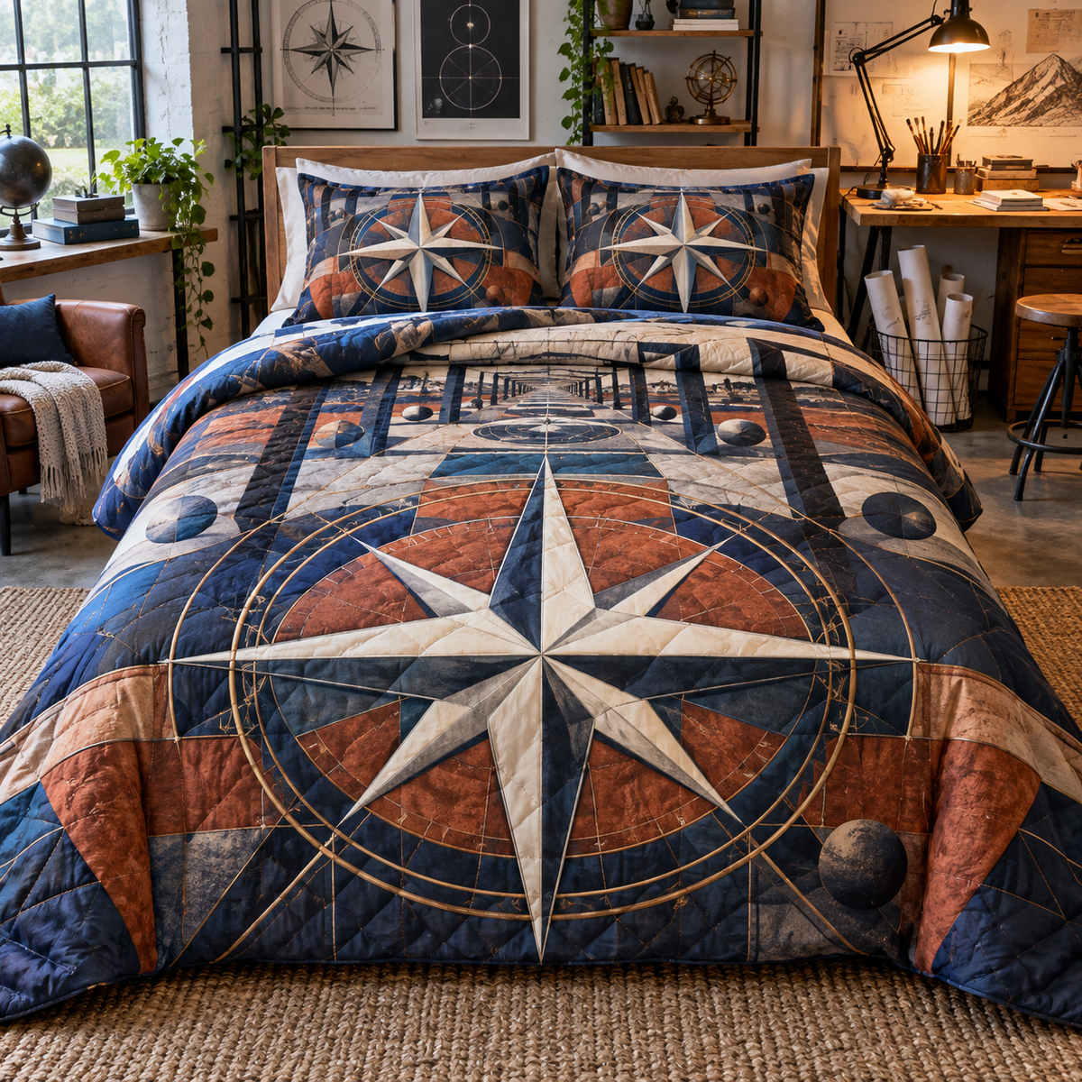 Studio Maker Compass Quilted Bedding Set with printed optical 3D artwork in its use setting