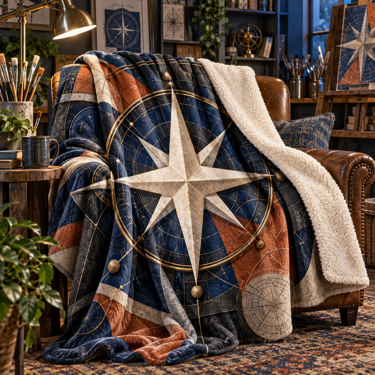 Studio Maker Compass Sherpa & Fleece Blanket with printed optical 3D artwork in its use setting