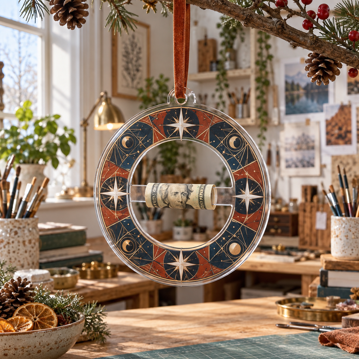 Studio Maker Compass Acrylic Cash Holder Ornament with printed optical 3D artwork in its use setting