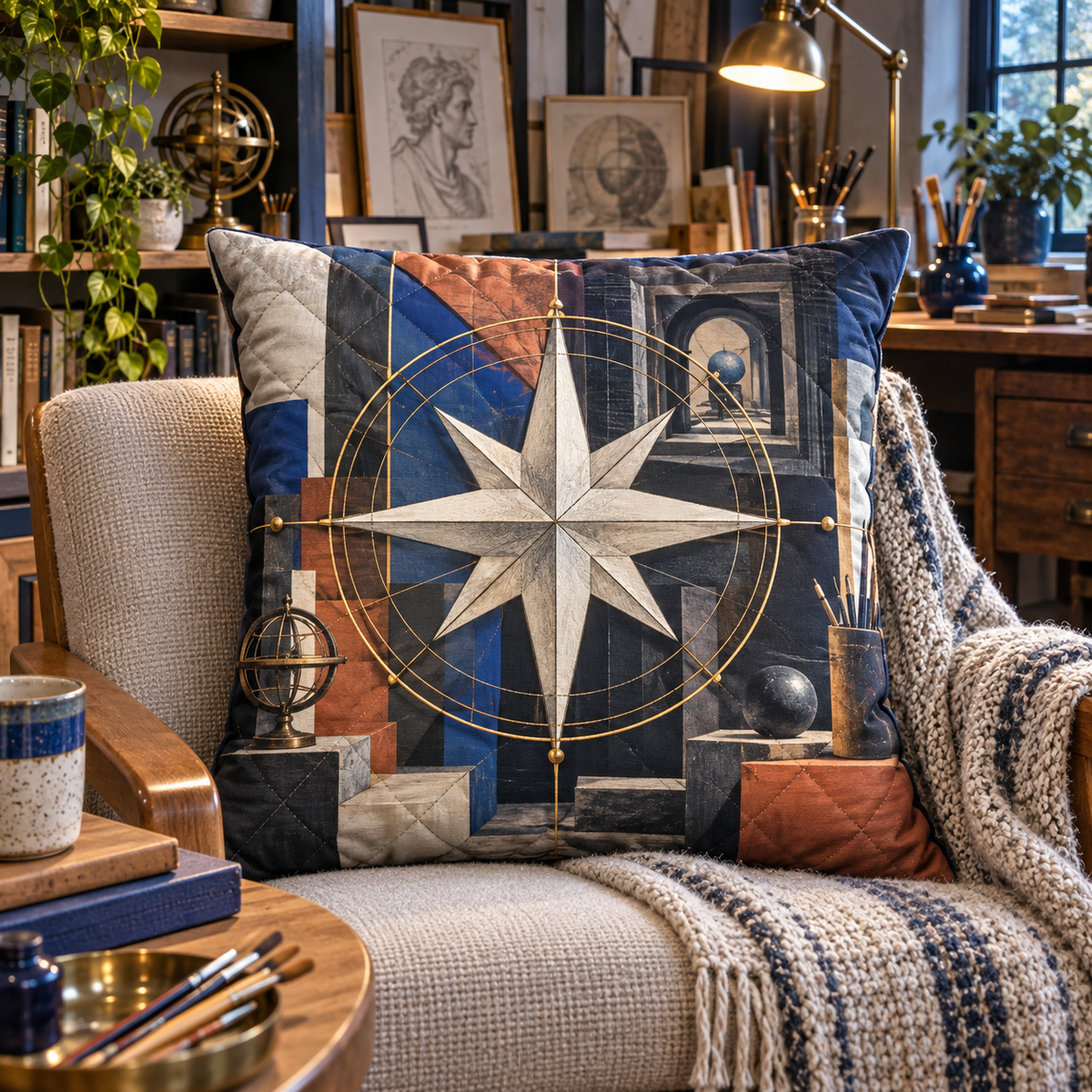 Studio Maker Compass Quilted Cushion Cover with printed optical 3D artwork in its use setting