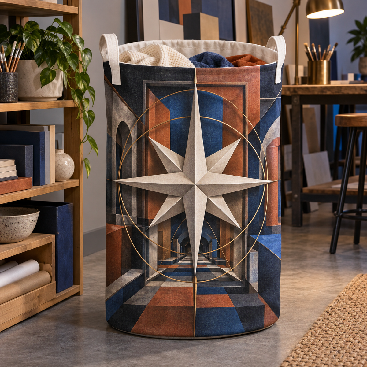 Studio Maker Compass Laundry Hamper with printed optical 3D artwork in its use setting