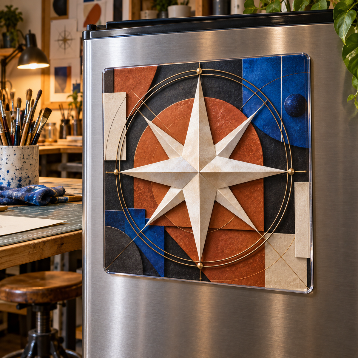 Studio Maker Compass Acrylic Refrigerator Magnet with printed optical 3D artwork in its use setting