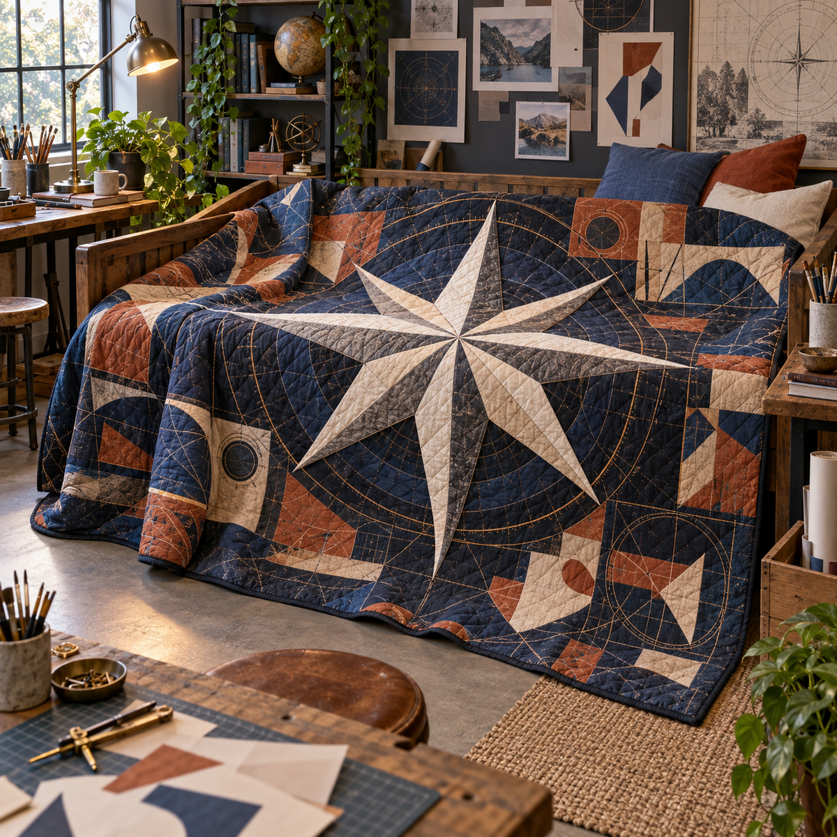 Studio Maker Compass Quilt Blanket with printed optical 3D artwork in its use setting