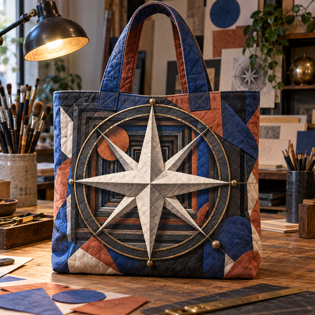 Studio Maker Compass Quilted Tote Bag with printed optical 3D artwork in its use setting