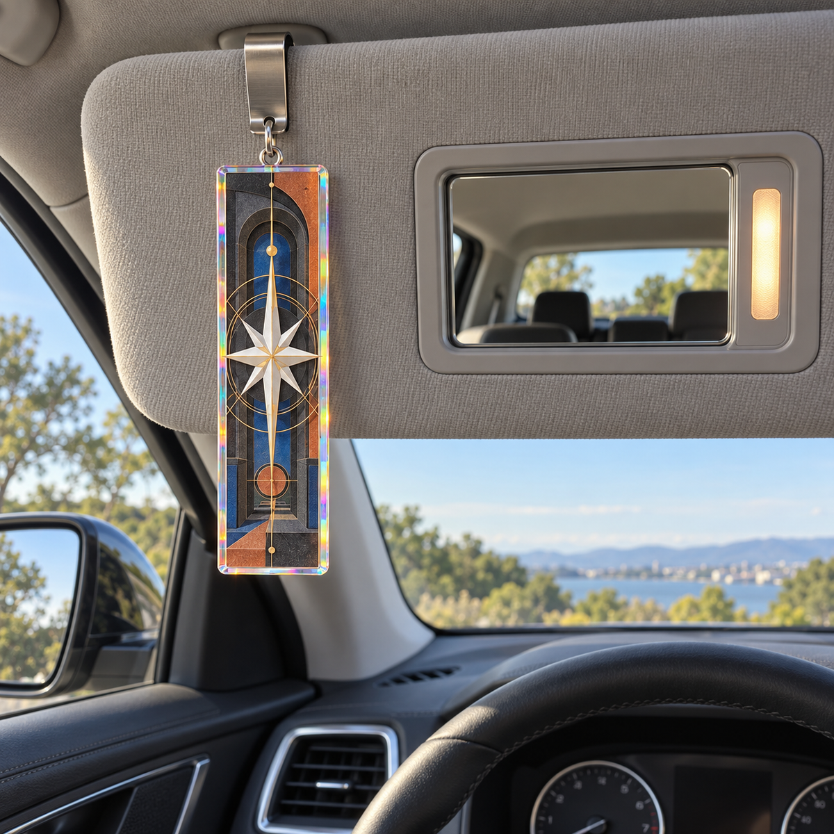 Studio Maker Compass Holographic Car Visor Clip with printed optical 3D artwork in its use setting
